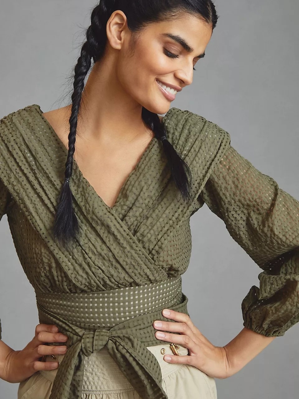 Maeve Olive Wrap Blouse with Textured Self-Tie Waist